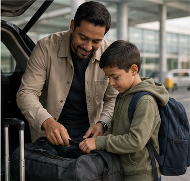 Liam preparing for travel with his father