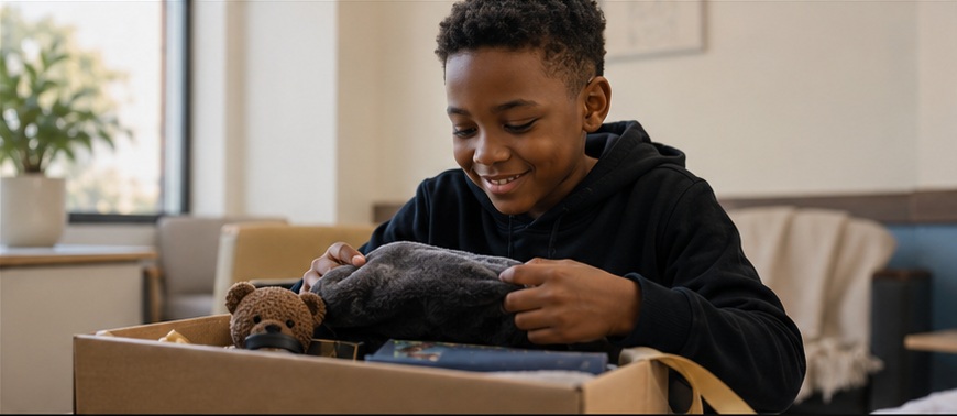 Child opening a comfort package