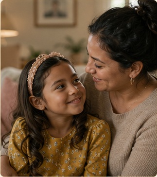 Sofia sitting with her mother at home